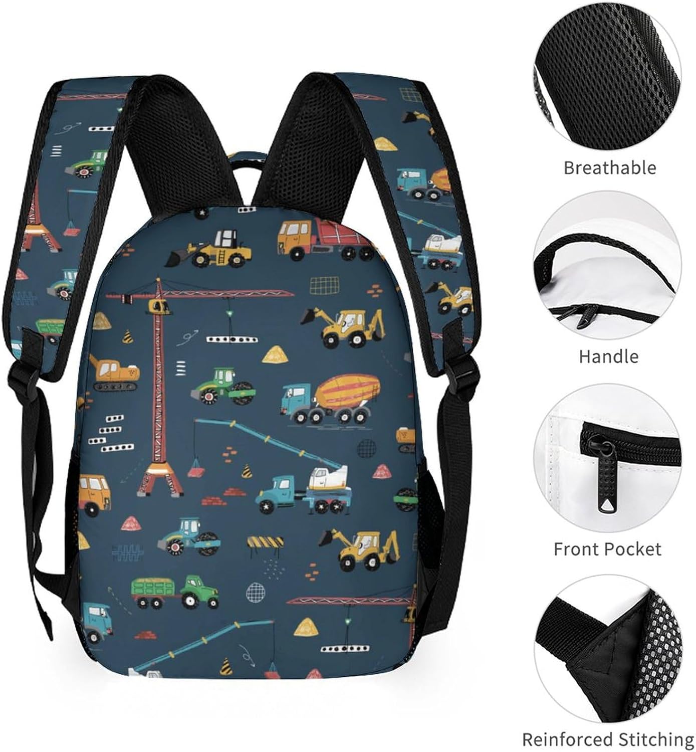 Custom Backpack with Construction Vehicles, Personalized Daypack Bags with Name Printed, Mesh Side Pockets, Dark, 17', Casual