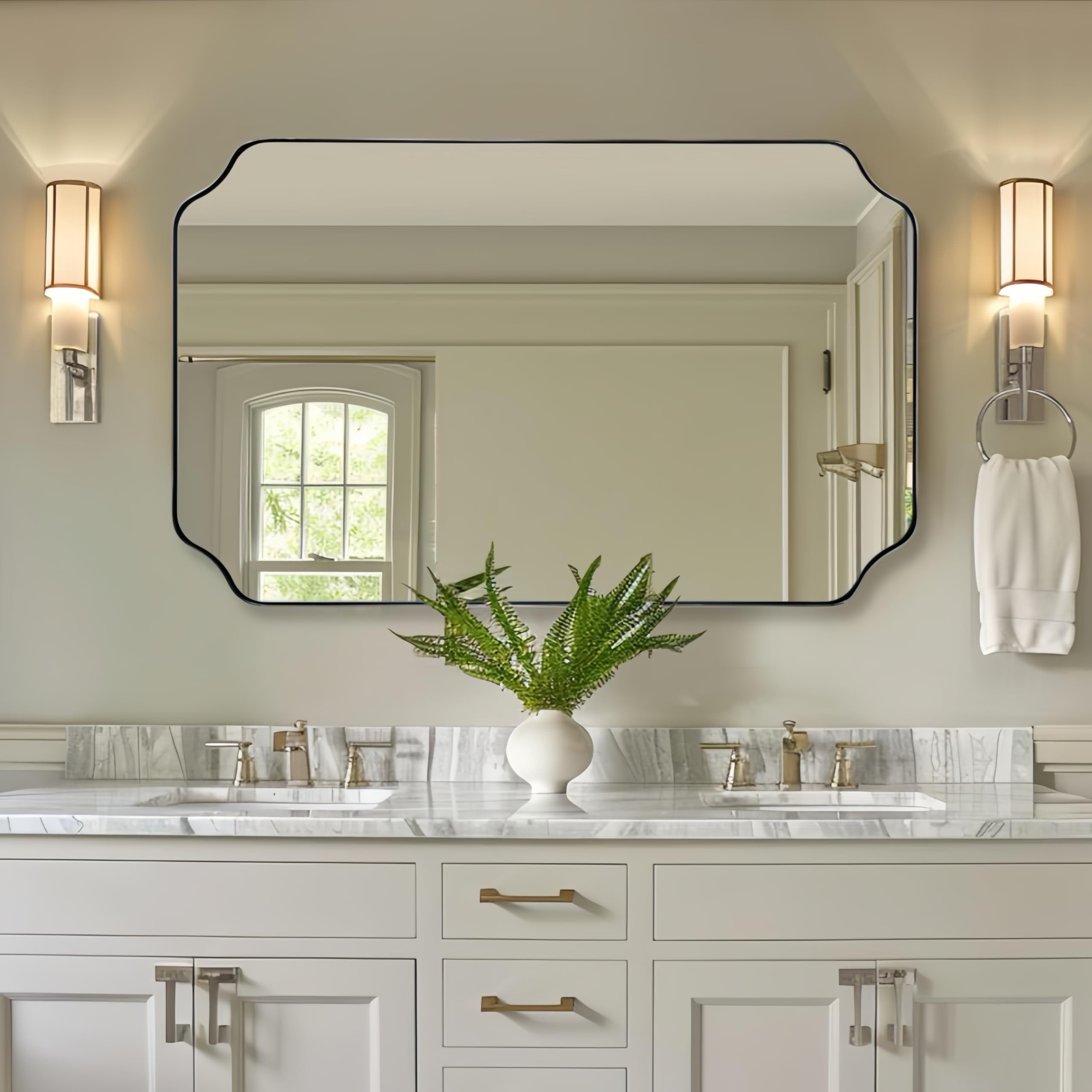 andy star 30x48 inch brushed nickel mirror, large silver rectangle mirror, unique scalloped edge design with anti-rust stainless steel metal 1’’ frame, wall mounts vertically or horizontally