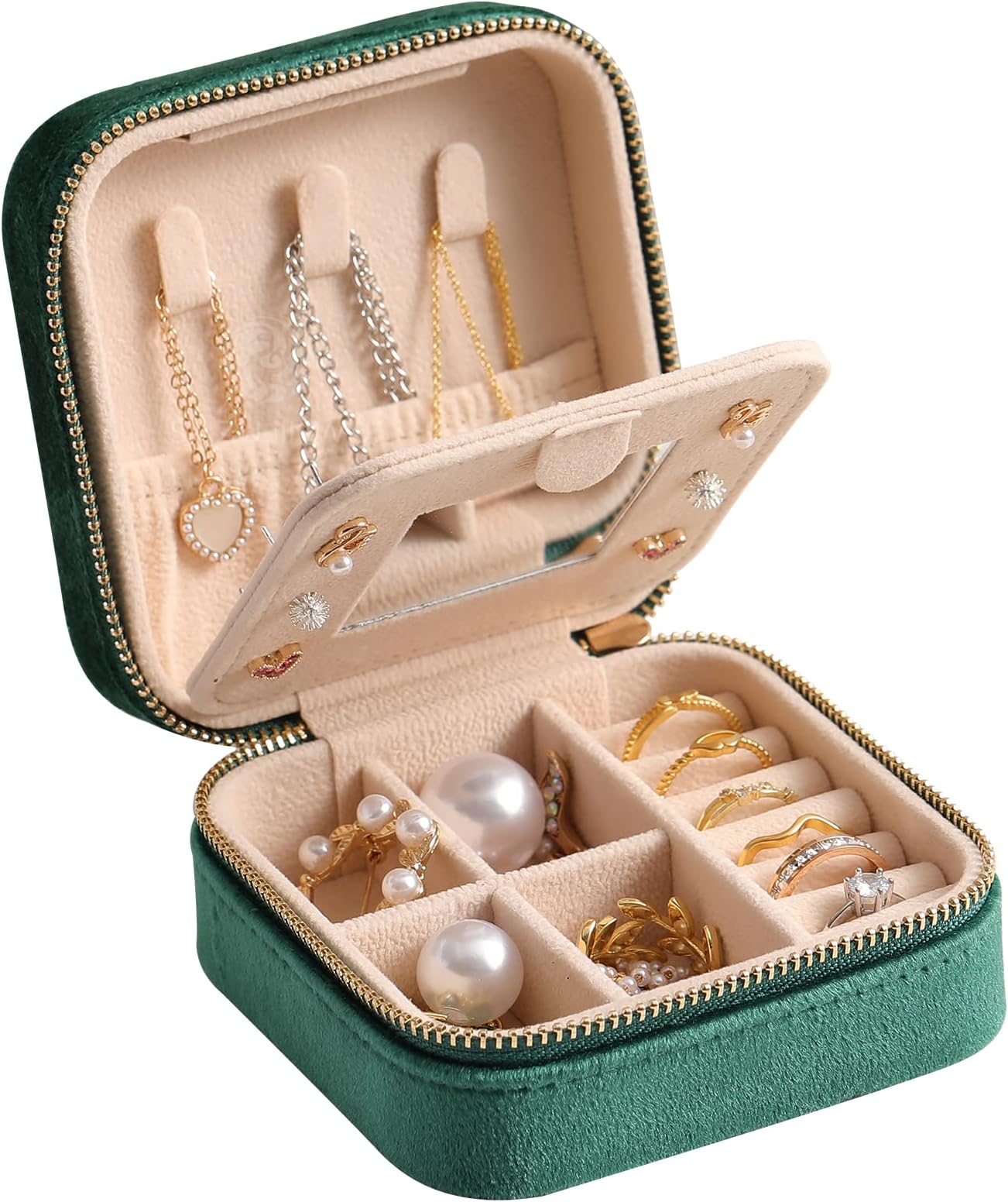 sazujinwusazujinwu Plush Velvet Travel Jewelry Box Organizer | Travel Essentials Earring Ring Holder, Necklace Compartment and Ring Slot | Scratch-Resistant Jewelry Travel Case for Women with Mirror Emerald