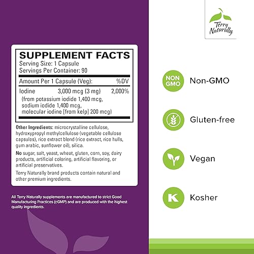 Miniatura 2 de Terry Naturally Tri-yodo 3 mg - 90 cápsulas - Apoya una fuerte defensa celular y equilibrio hormonal - Sin OMG, vegano, kosher, sin gluten - 90