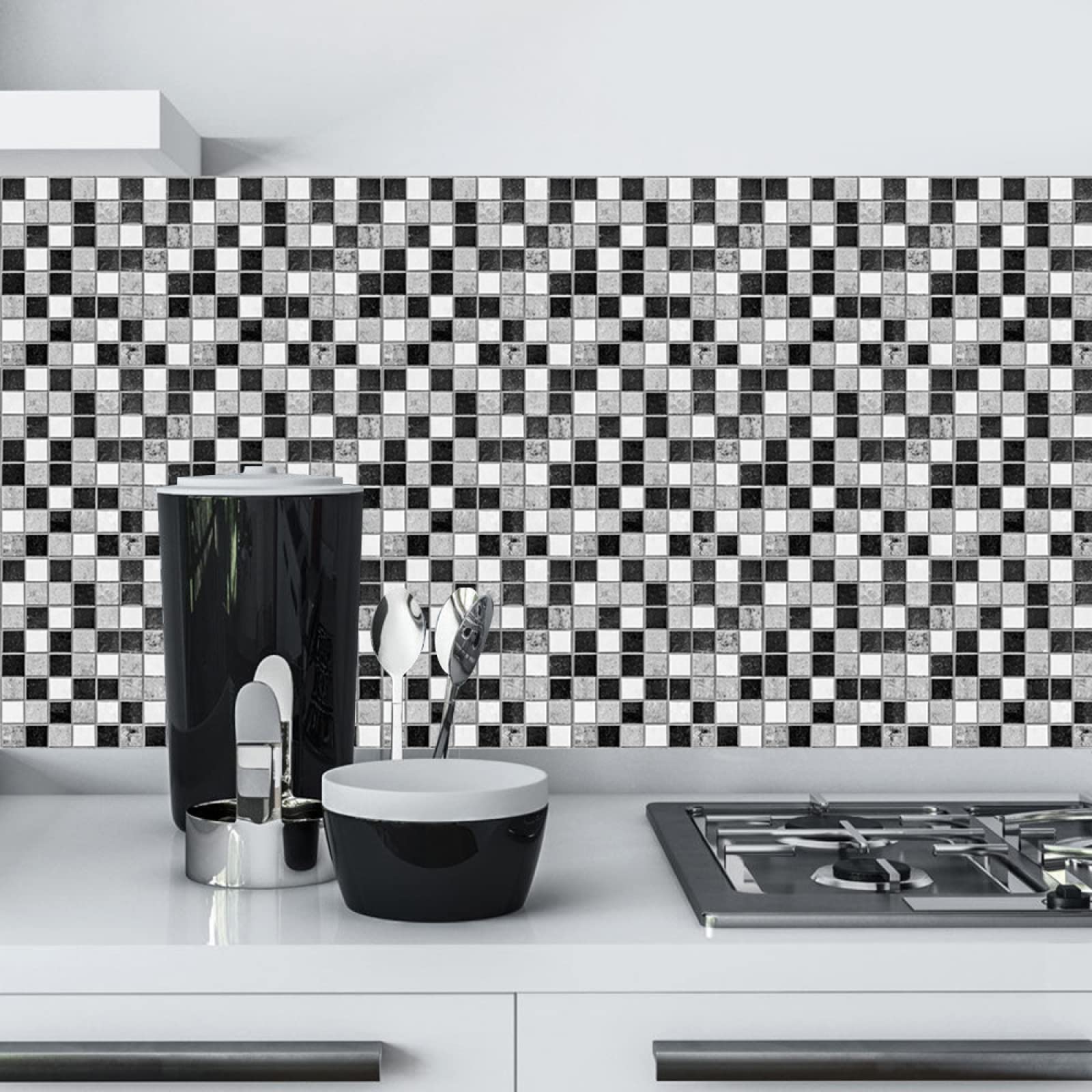 Stick on Tiles Mosaic Gray Black Tile Stickers for Bathroom Kitchen Backsplash Waterproof Tile Covers for Fireplace Surround Cabinet Furniture Stick on Kitchen Tiles 20x20 cm/10 pcs