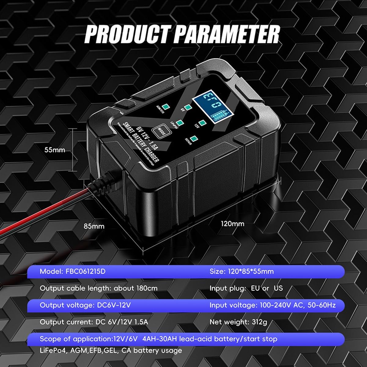 6v/12v Automatic Intelligent Recognition, Motorcycle Car Battery Charger, Trickle Charger for Lawn Mower Battery, Smart Battery Repair Charger, Battery Desulfator with Ase Adapter Cable (1pc)