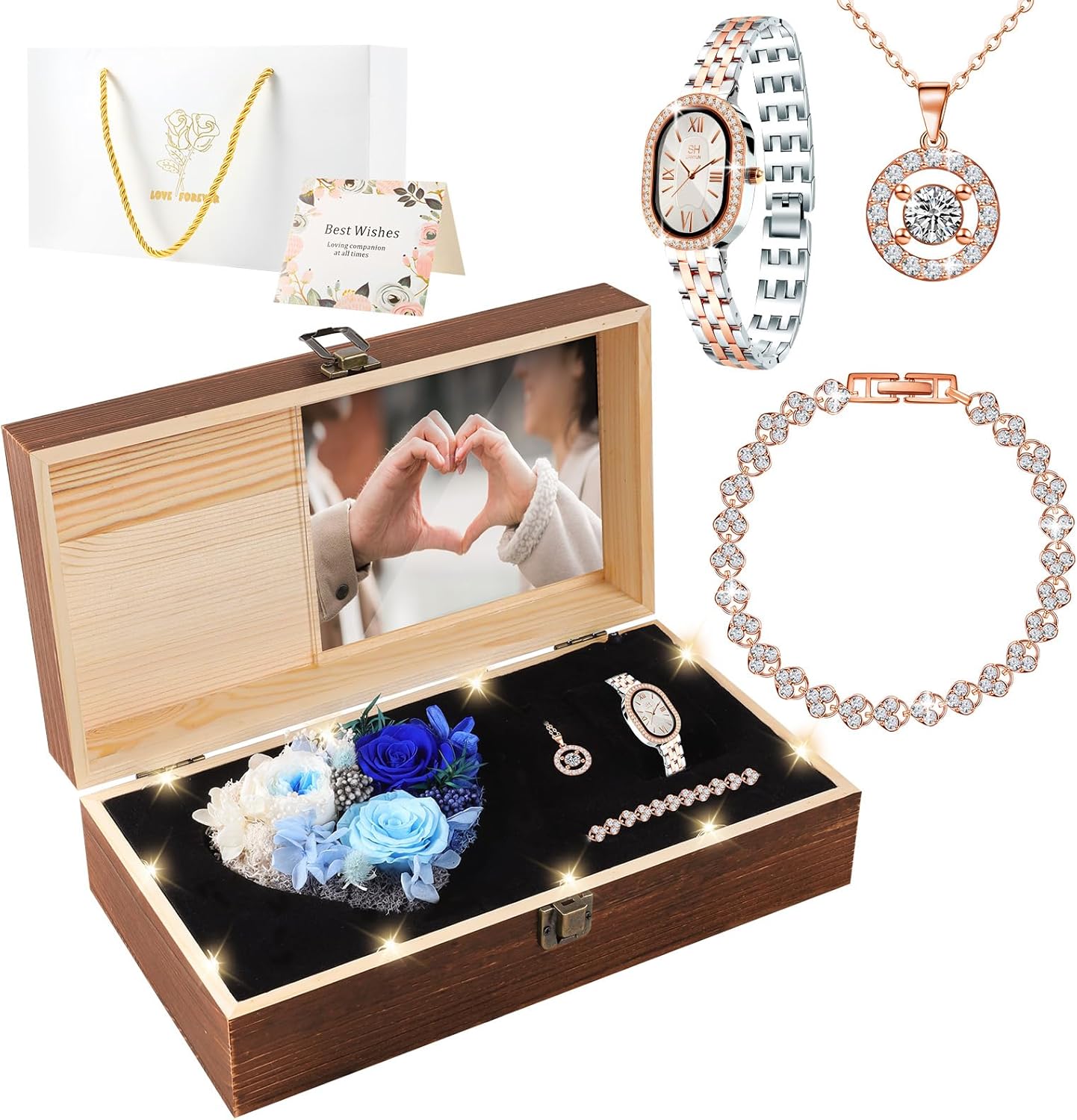 Valentines Day Birthday Gifts for Women, Preserved Roses with Necklace Watch Bracelet - Luxurious Elegance Gifts for Women, Wife, Girlfriend, Mom, Grandma, Her on Birthday, Anniversary