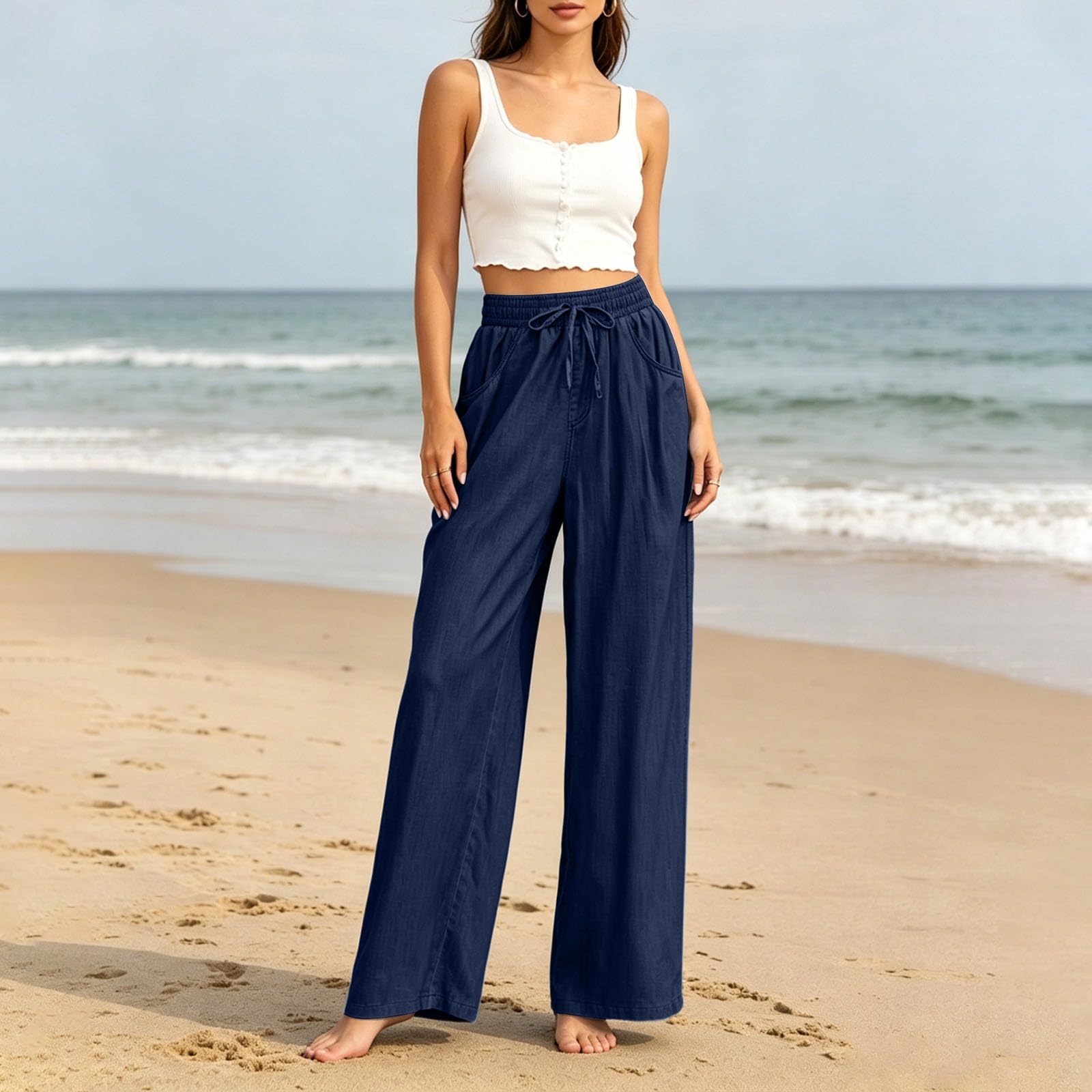 Générique Pantalon Femme Large Taille Haute Fluide Cordon Poches Casual Confortable Pantalon Au Tissu Doux, Vêtement Agréable À Porter, Tenue Idéale pour Les Journées Quotidiennes Et Loisirs