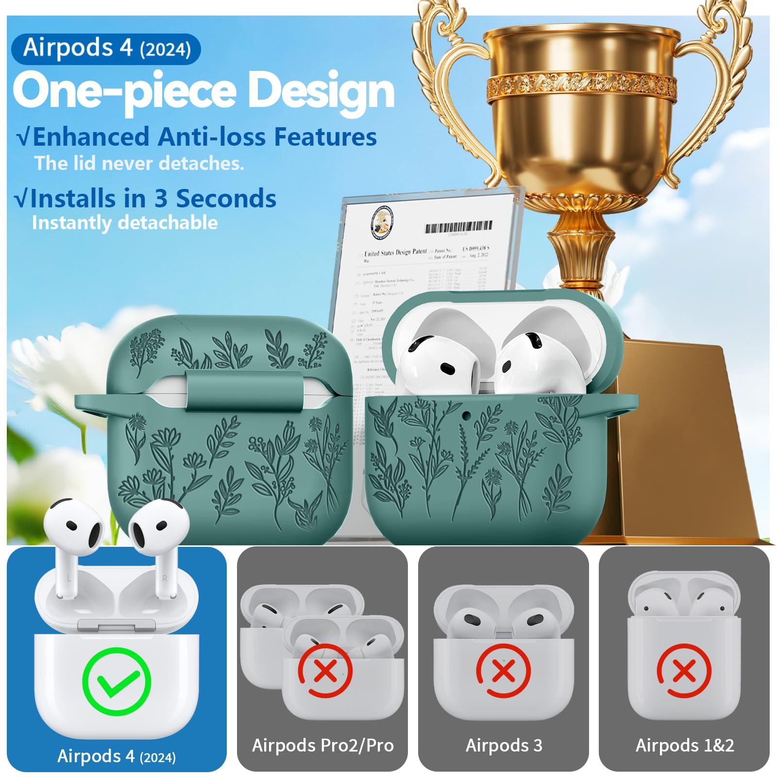 for Airpods 4 Case, Ekoonpft Flower Engraved Cases for Apple AirPods 4th Generation 2024, Soft Silicone Cover for Women Girly with 3-in-1 Cleaning Kit & Keychain, Anti-Scratch, Shockproof