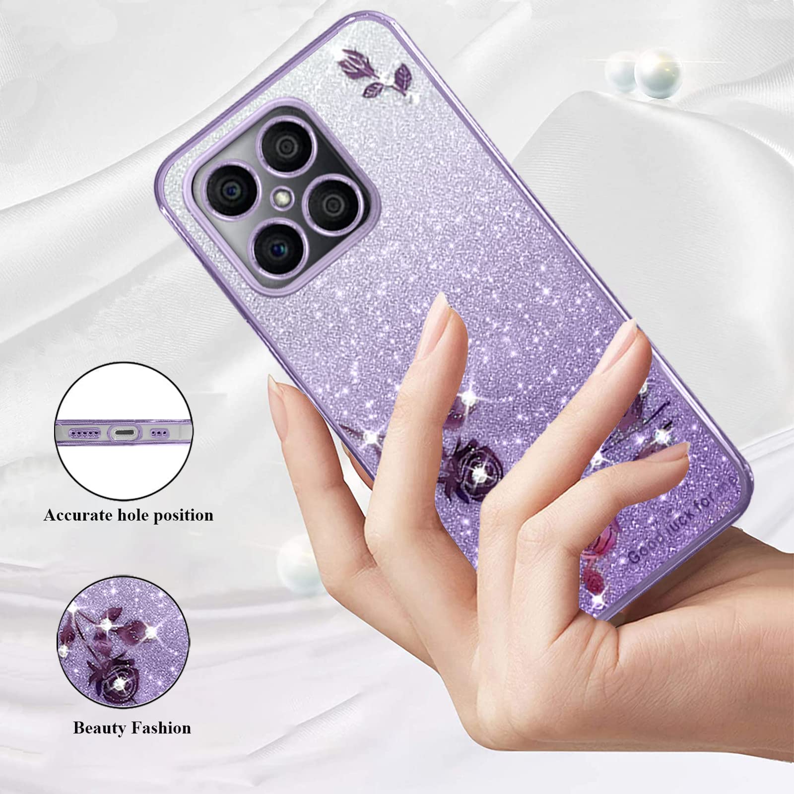 Cover Trasparente Con Glitter E Fiore Per Honor X8b – Silicone Morbido, 2 In 1 Separabile, Antiurto, Leggera, In 6 Colori Brillanti