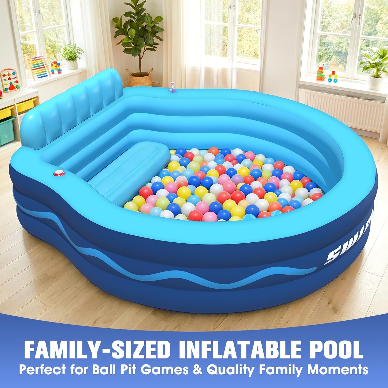 Inflatable Pool with Seats and Headrest,Oversized Thickened Large Blow Up Pool for Audlt,Inflatable Backyard Pools for Adult,Durable Swim Center Inflatable Family Lounge Pool 90"×90"×20"-Blue