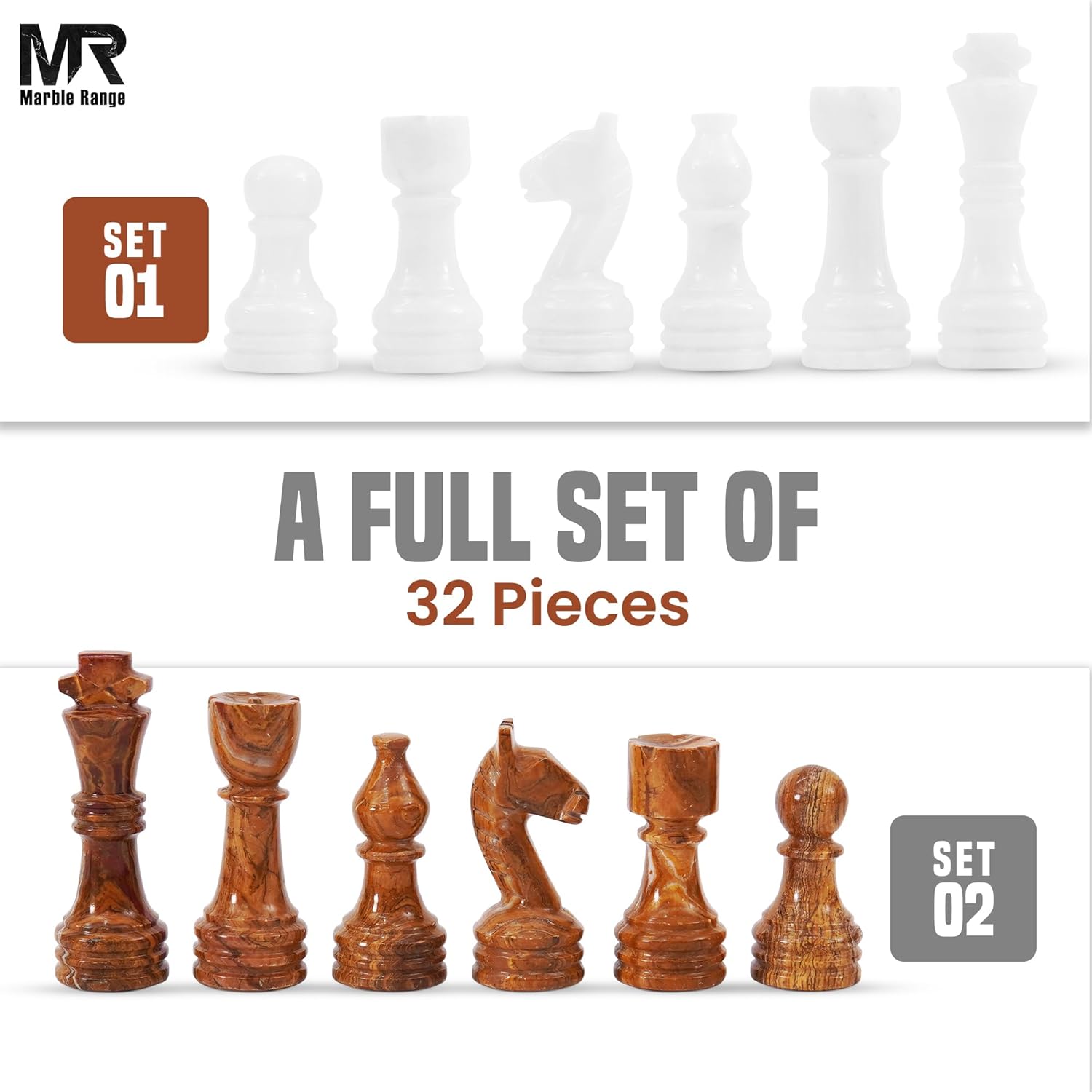 Marble Chess Pieces 3.5 Inch King Handmade White and Dark Brown 32 Chess Figures for Board Games, Suitable for Travel Games & Father’s Day