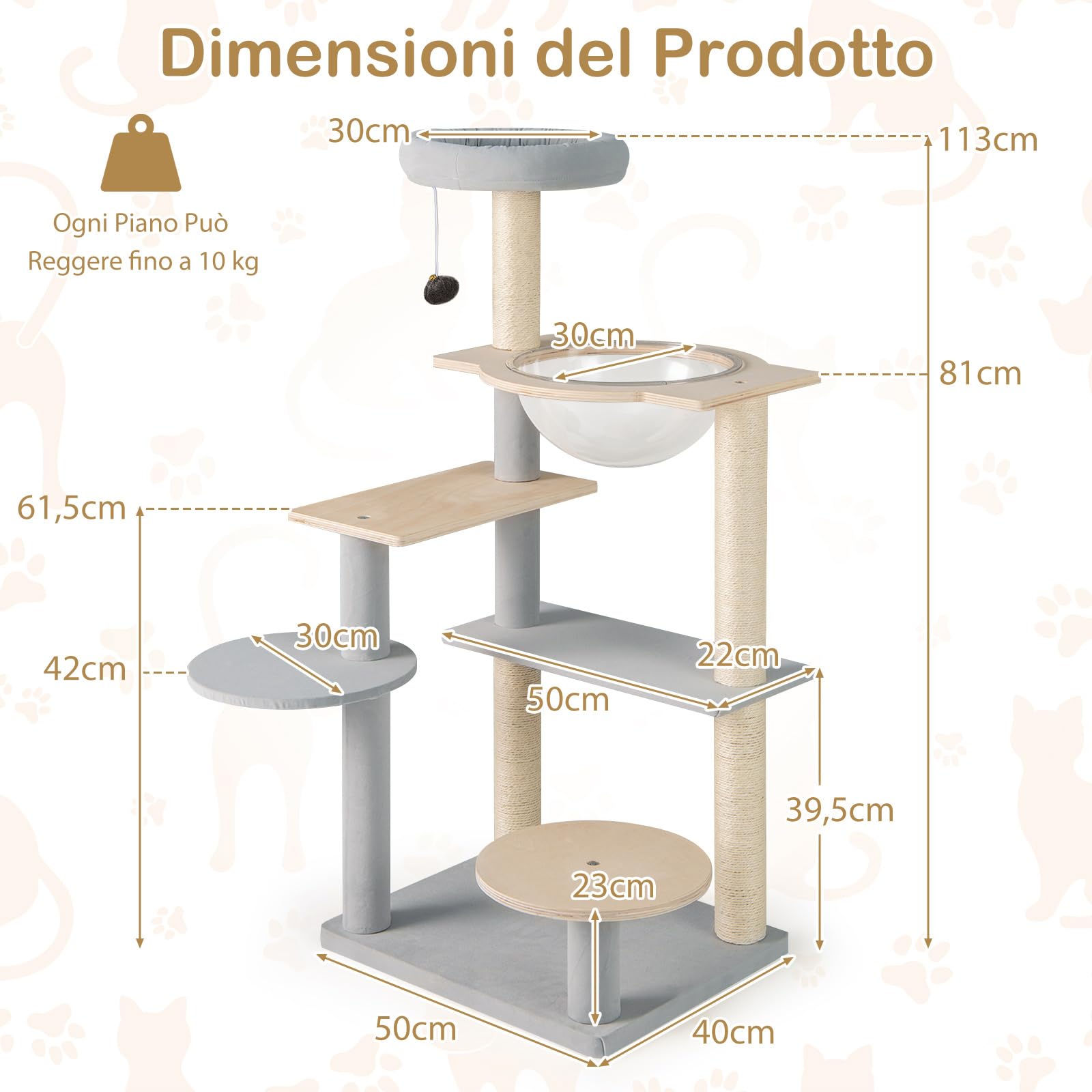 COSTWAY Tiragraffi per Gatto Alto 113 cm con Capsula Spaziale, Albero Tiragraffi Gatti con 4 Pali in Sisal, Piattaforme, Trespolo e Pompon, Torre Gatto in Legno Solido, Naturale e Grigio