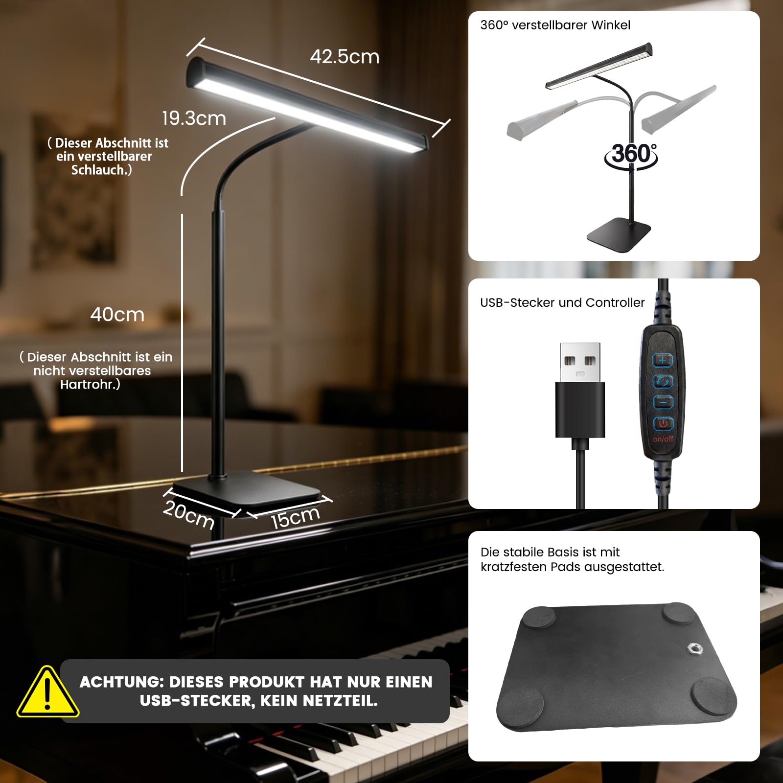 LED Klavierlampe, 3 Farbmodi, 10 Helligkeitsstufen dimmbar, USB betrieben, 360 Grad flexibler Schlauch, stabiler Metallsockel, geeignet für Klavier, Flügel, E-Piano und Schreibtisch