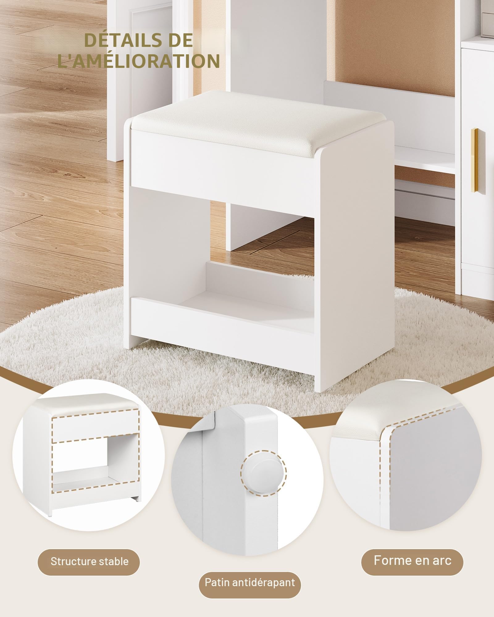 Hzuaneri Tabouret de Coiffeuse, Chaise Rembourrée de Maquillage, Repos-Pieds, Patins Antidérapants, pour Chambre, Dressing, Entrée