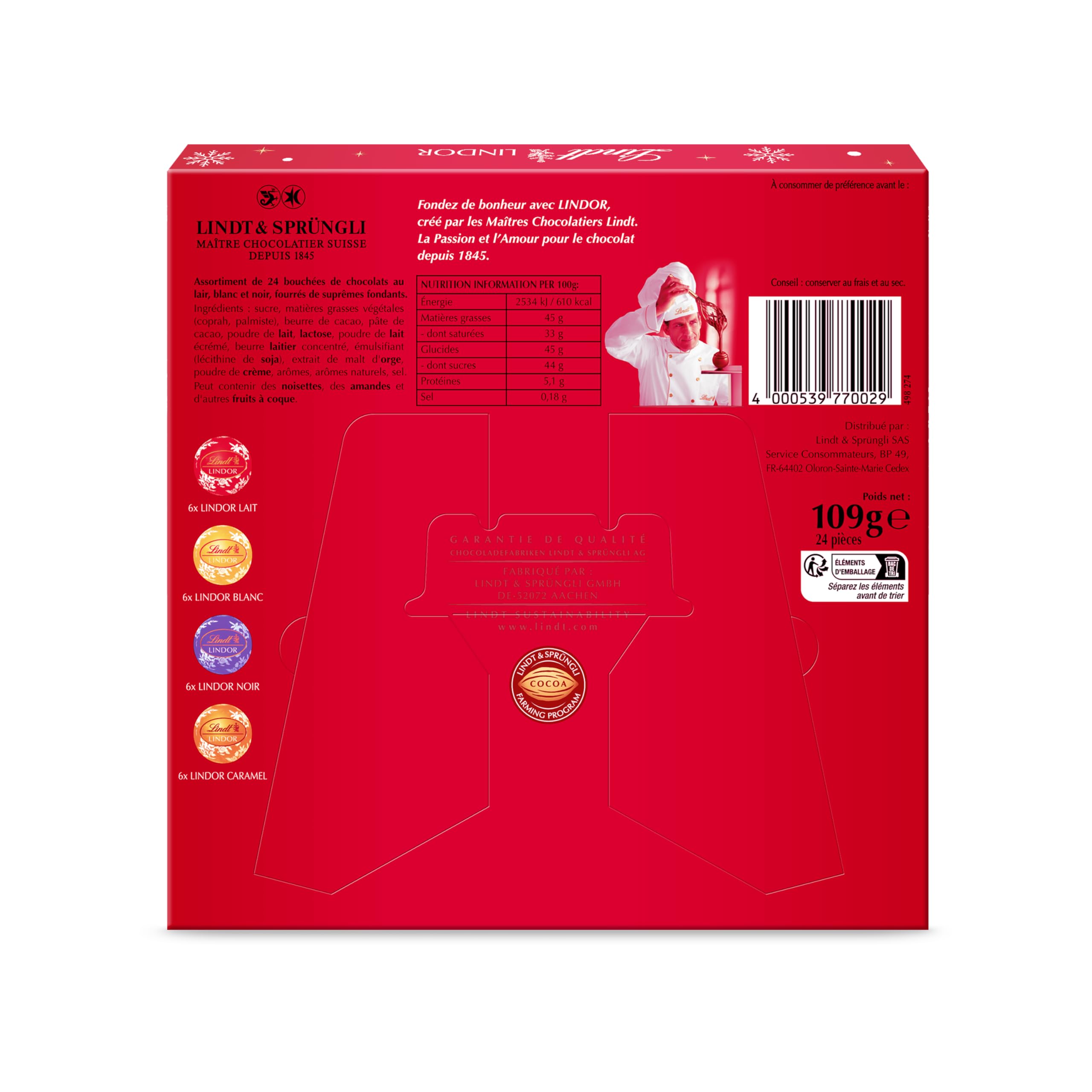 Lindt - Calendrier de l'Avent LINDOR - Assortiment de Chocolats au Lait, Noirs, Blancs, Caramel - Idéal pour Noël, 109g