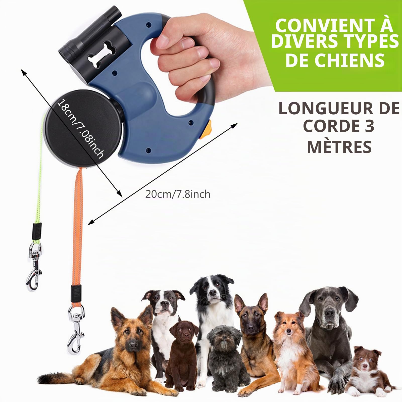 Laisse pour Chien, Laisse Chien Enrouleur, Double Laisse pour 2 Chiens, Laisse Rétractable Chien, Enrouleur, Extensible, Rétractable, 3 Metres, 360º sans Enchevetrement (Bleu)