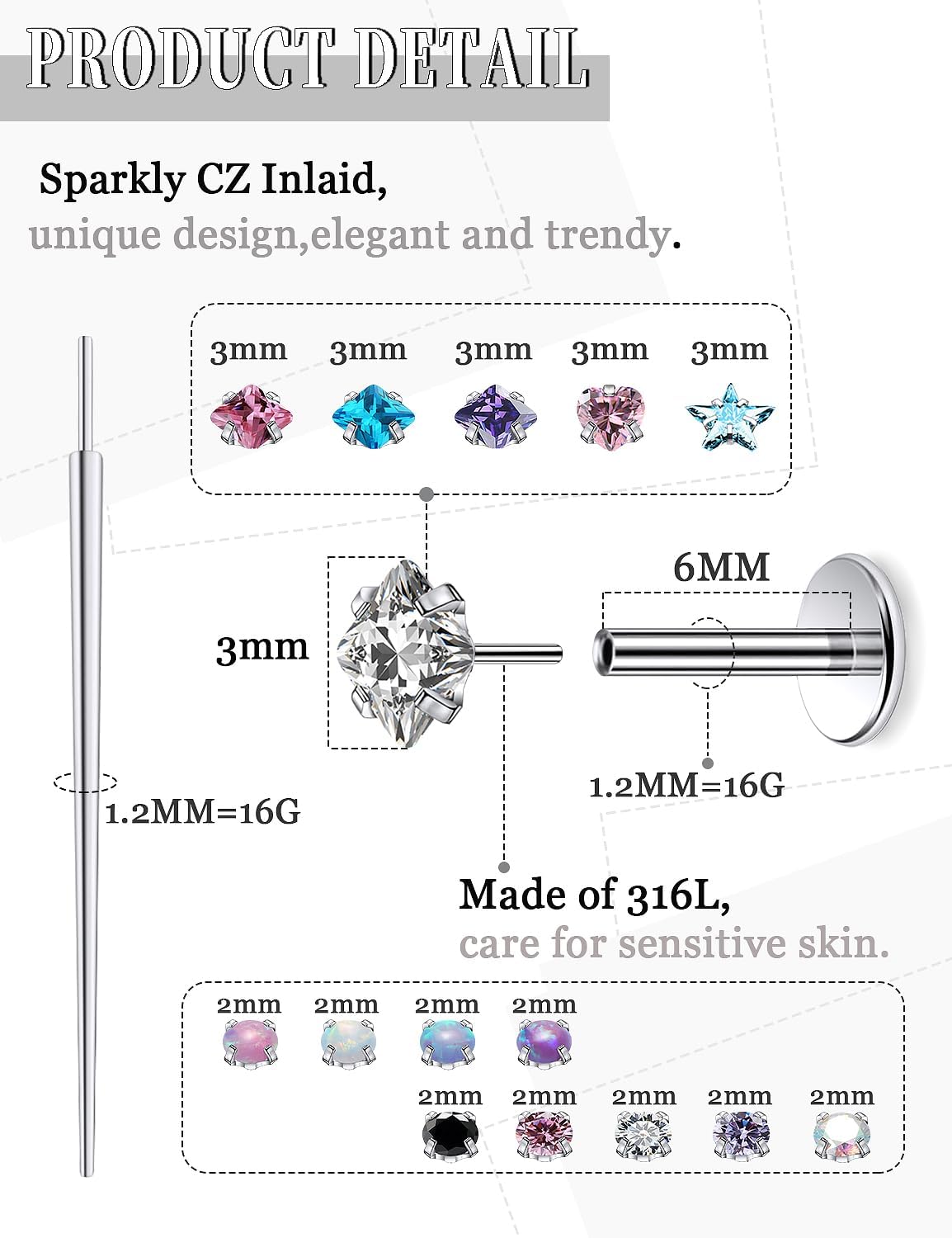 20G 18G 16G Threadless Nose Rings Studs Flat Back Earrings Surgical Stainless Steel Opal Nose Rings Stud Tragus Helix Conch Cartilage Earrings Piercing Jewelry For Women Men Hypoallergenic - Image 2