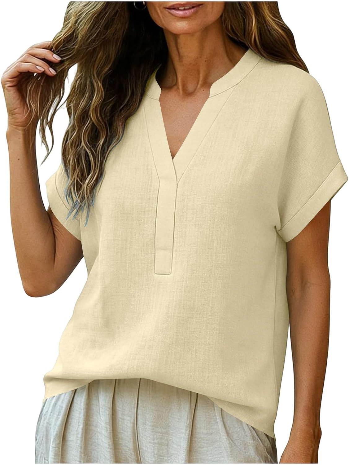 Notch V Neck Cotton Linen Tshirts Shirts for Women Summer Casual Drop Shoulder Short Sleeve Tops and Blouses for Ladies