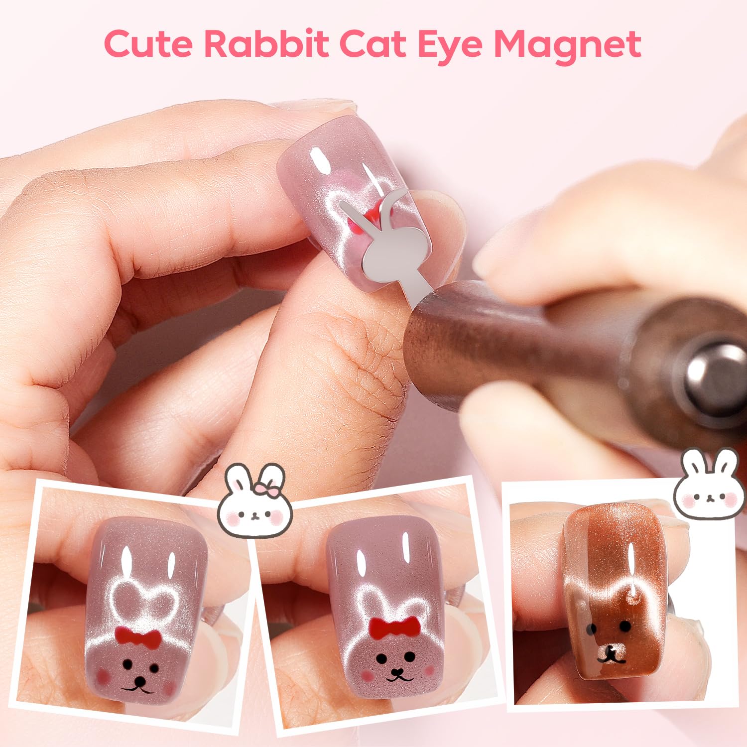 AIMEILI Cat Eye Magnet Set for Nail Art - Strong Magnets with 3 in 1 Wooden Handle Nail Magnet, Flower, French & Heart Star Designs for Cat Eye Gel Polish, DIY Manicure Tools for Salon & Home Use