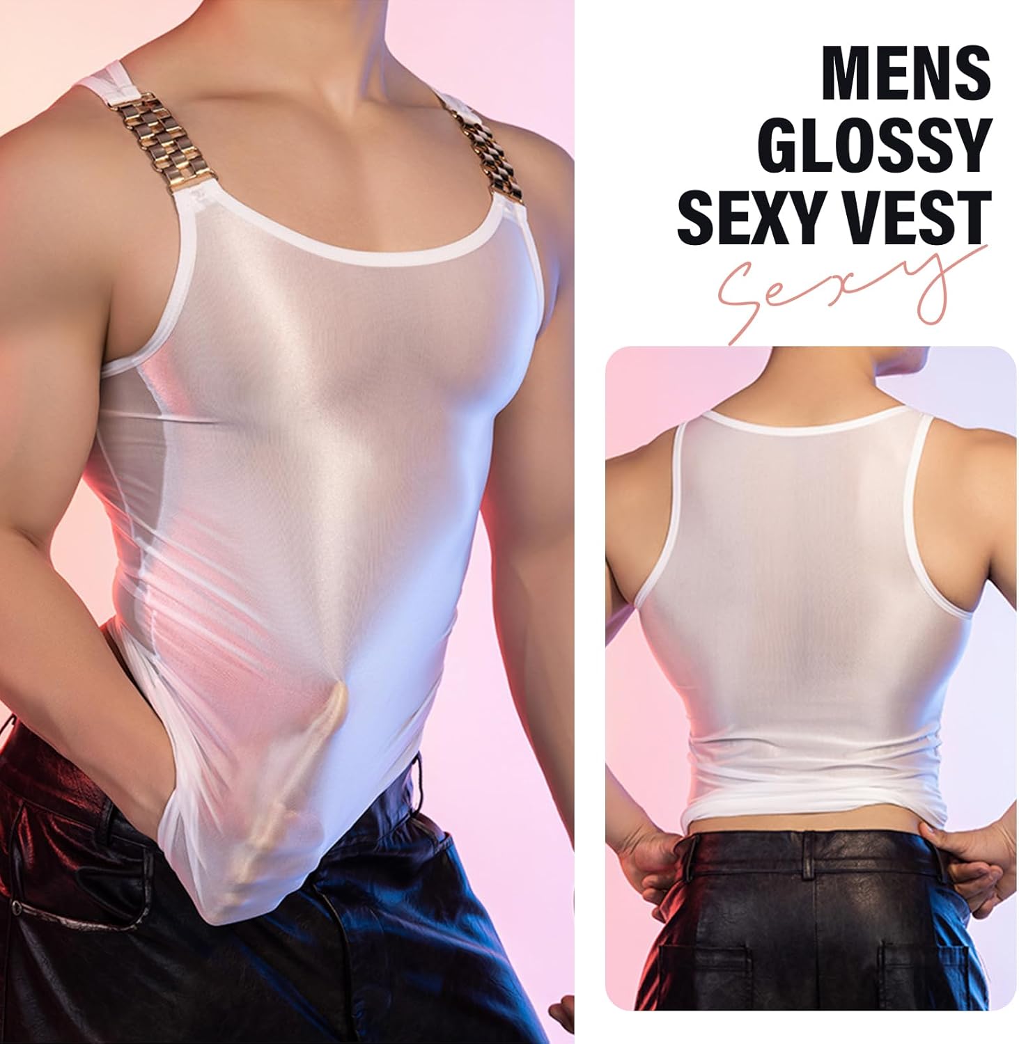 Glossy Mens Sleeveless Vest Sports Workout Tank Top Undershirt Sexy Muscle Sheer Shirt - Image 3