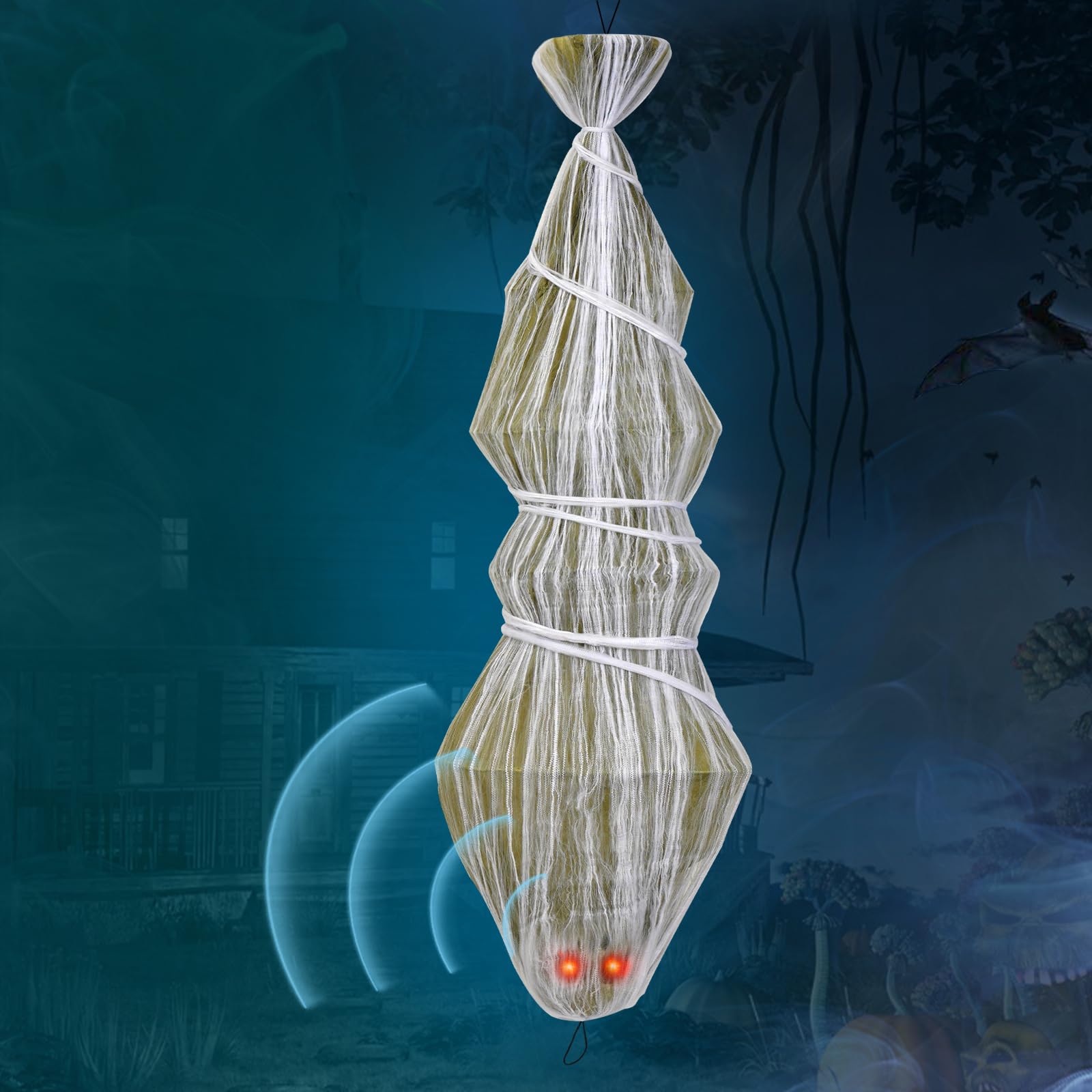 NEWBEAHalloween Decorations, 72 inches Scary Hanging Cocoon Corpse Props with Spooky Sound Effect and Lighted LED Eyes, Halloween Decorations Outdoor for Garden Lawn Indoor