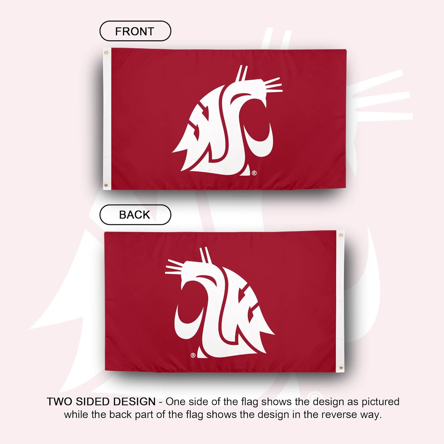 Desert Cactus Washington State University WSU Flag - 3 x 5 Feet Cougars Banner, Indoor/Outdoor Durable Fabric, 100% Polyester Design (Style 2) - Image 2