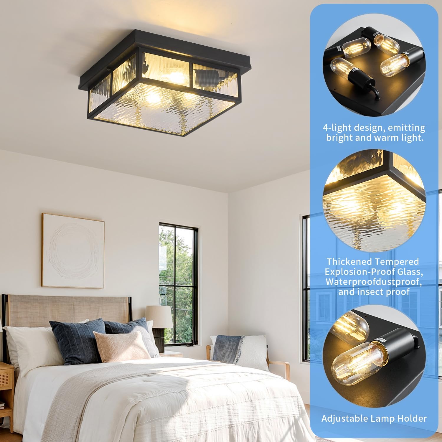 Farmhouse Flush Mount Ceiling Lights Fixtures with Water Ripples Glass Shade,Modern Matte Black Metal Square Ceiling Lamp for Bedroom,Kitchen,Porch,Entryway and Hallway,12 inch,4-Light