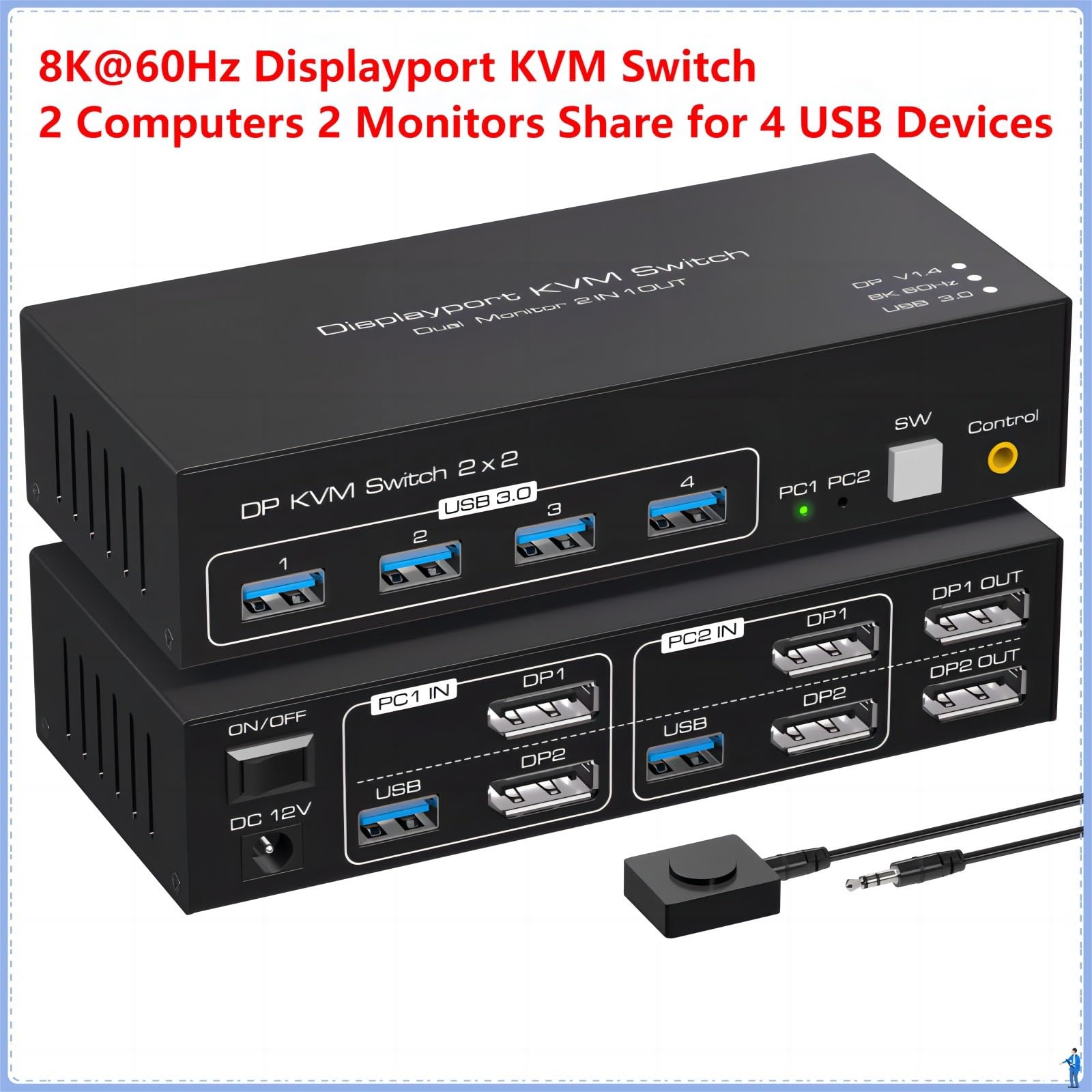 KVM Switch 2 Monitor 2 Computer 8K @60Hz 4K @120Hz Dual Monitor 2 In 2 Out USB 3.0 KVM Switch Share 4 dispositivi USB (con spina USA)