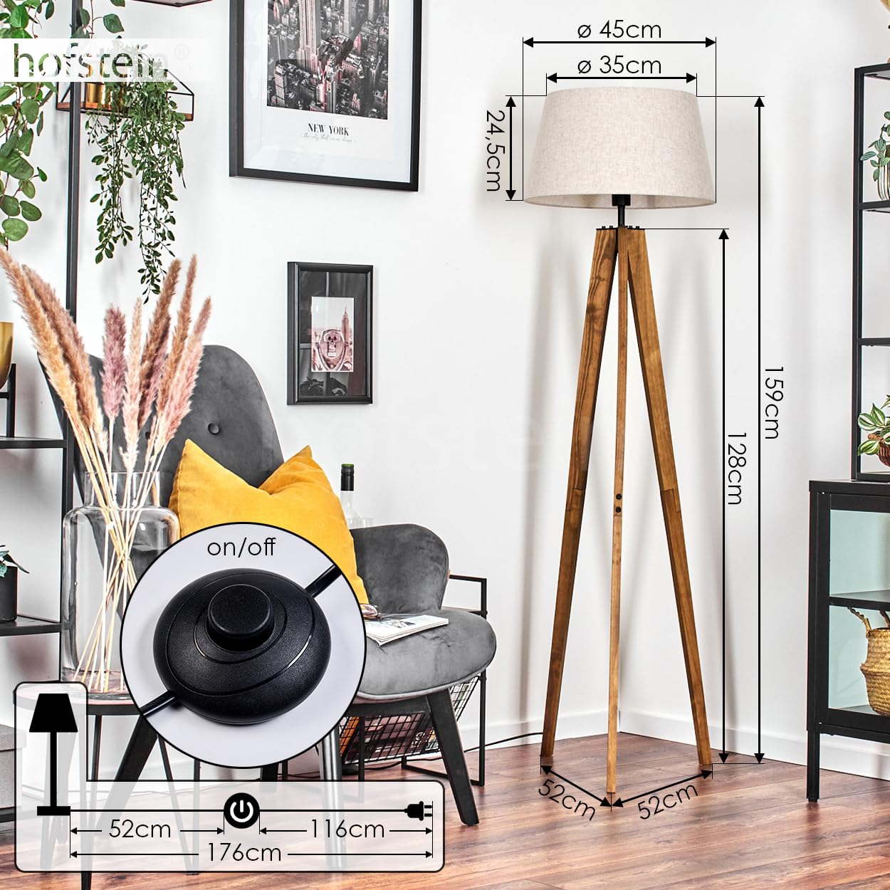 Lampada da terra Bassagoda, lampada da terra in legno/metallo/tessuto colori naturali/nero/beige, design scandinavo con paralume rotondo (Ø 45 cm) e interruttore a pedale, 159 cm, E27, senza lampadina