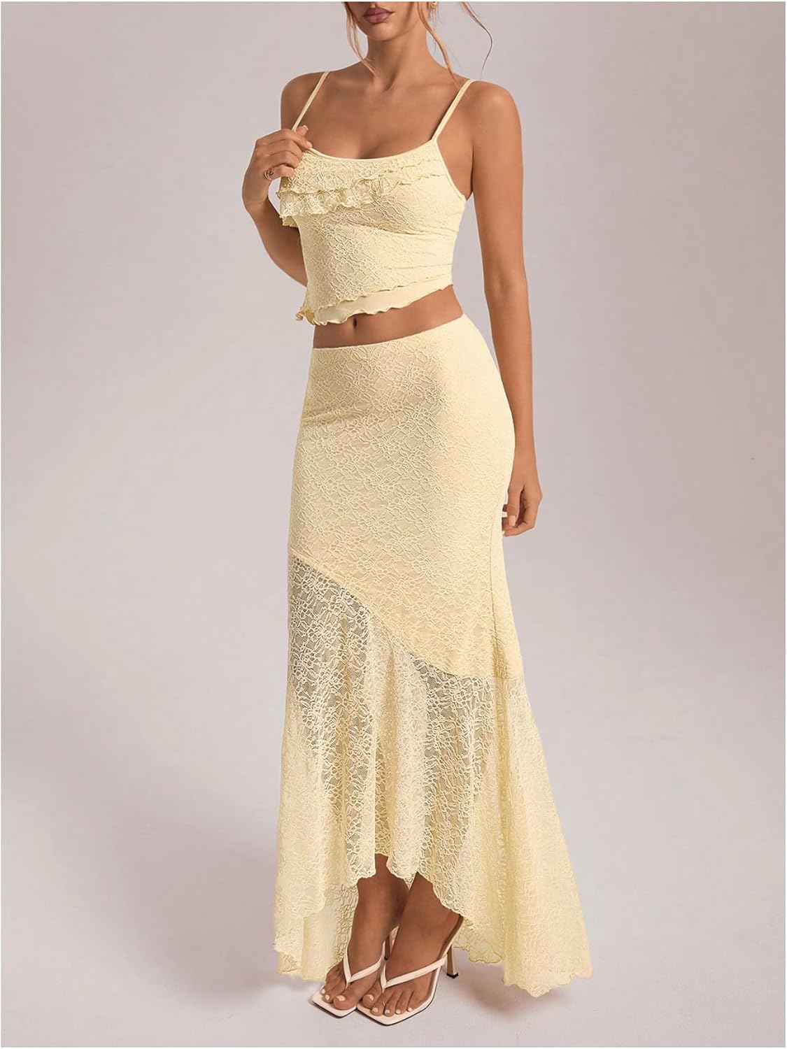 Milumia Women's 2 Piece Outfits Ruffle Trim Cami Crop Top and Low Rise Maxi Skirt Set - Image 3