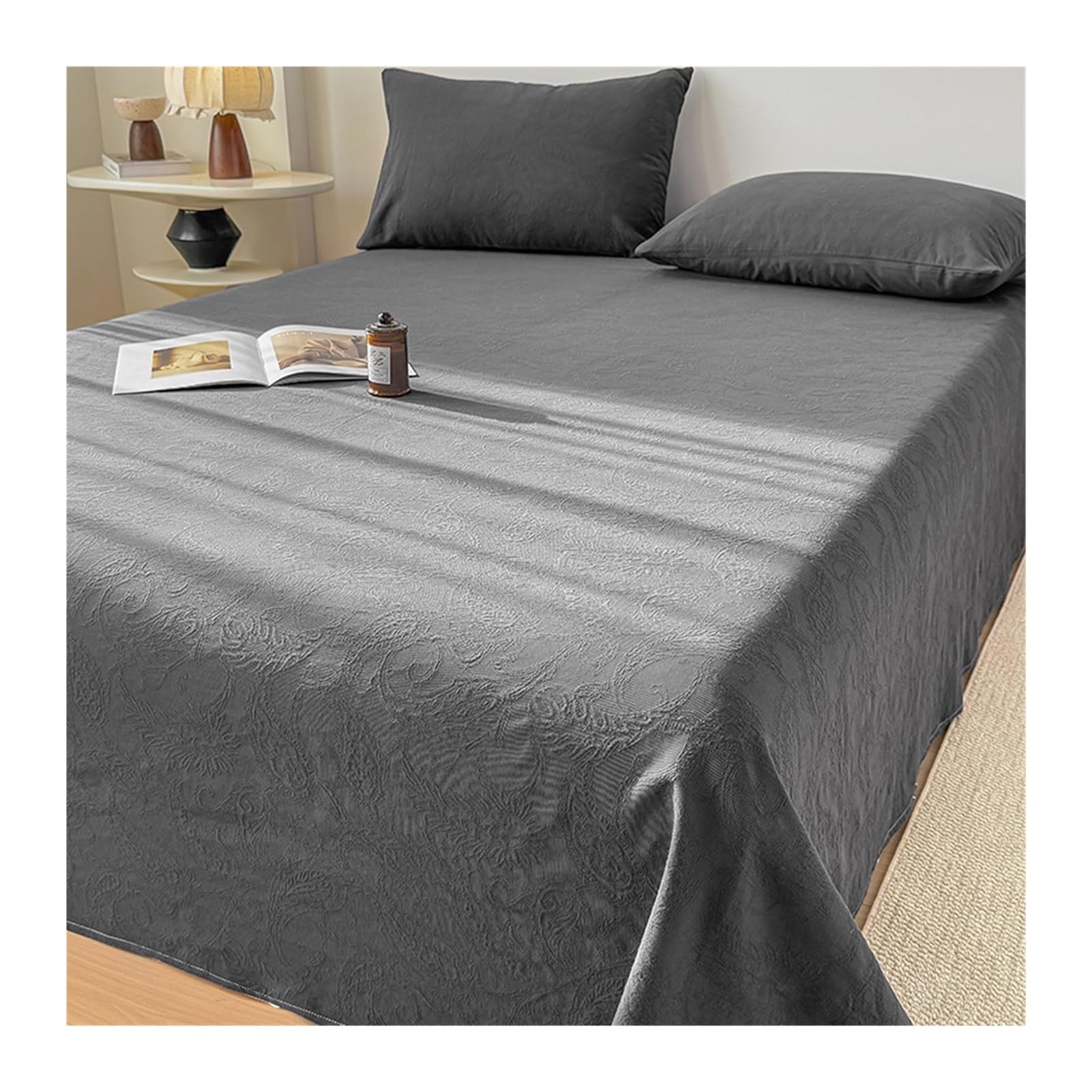 GBHMJU 100% Cotton Thick Flat Sheet Twin Full Queen Jacquard Machine Washable Breathable Top Sheet(Gray B,230x250cm+48x74cm x2)