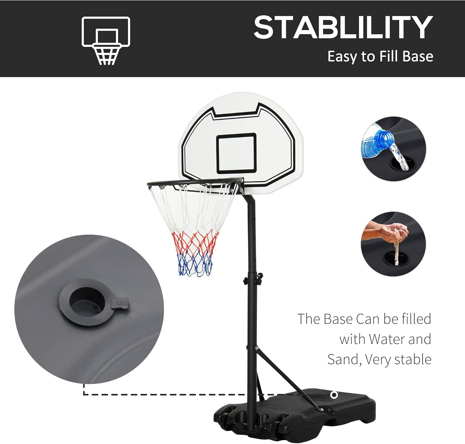 Pro Court Portable Basketball Hoop System, Height Adjustable, Black and Clear Backboard with Orange Rim, Indoor Outdoor Free Standing Base