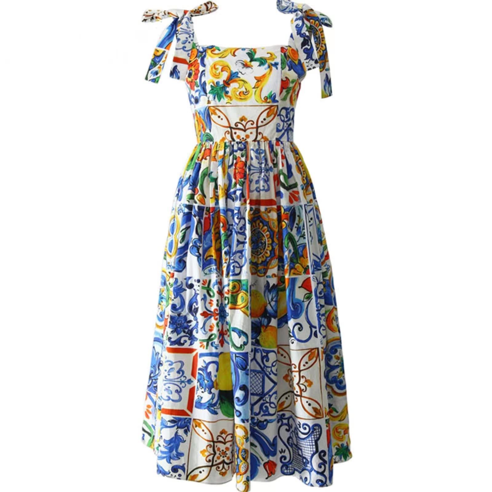 Vestidos Vestido De Algodón De Verano Mujeres Pintadas Cerámica Impresa Spaghetti Strap Vestido De Fiesta
