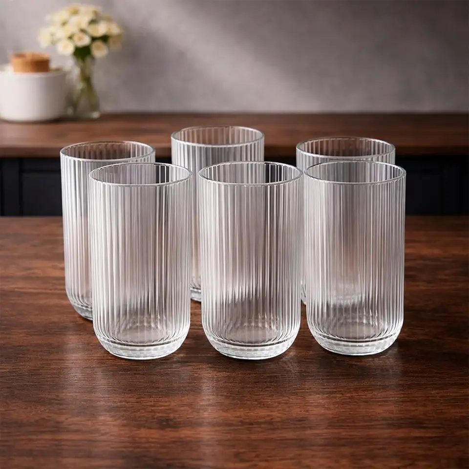 Kit 6 Jogo Copos de Vidro Canelado 420ml Transparente Luxo - Mesa Posta Elegante - para Água Suco Drinks Refrigerantes Restaurante Bares e uso diário – Vidro Grosso e Resistente Premium