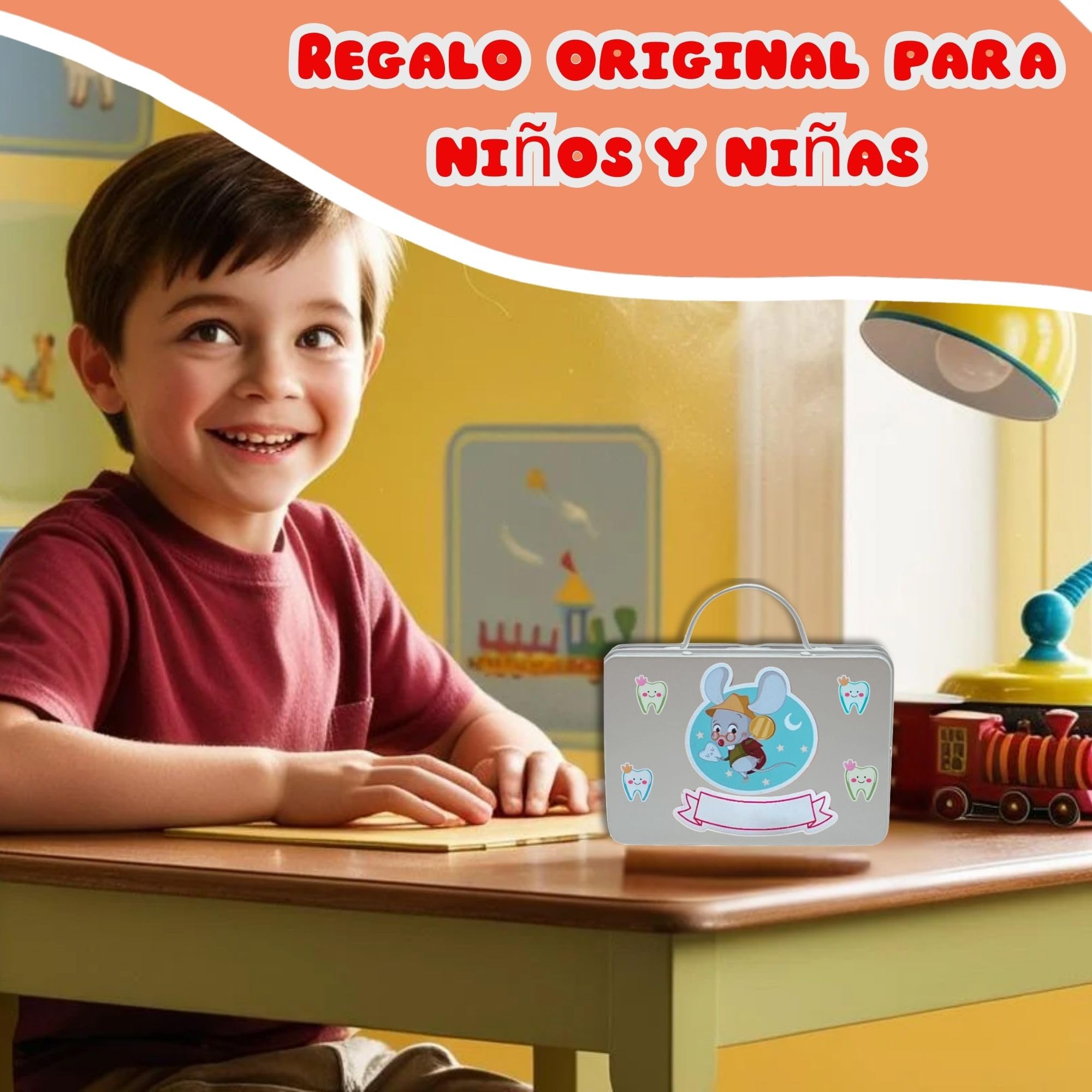 Caja dientes de leche niño - Regalo ratoncito Pérez niño y niña - Pegatinas ratón Pérez y hada de los dientes - Regalos ratón Pérez