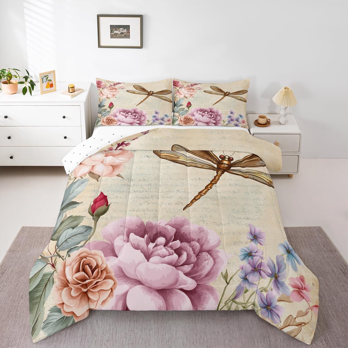 Gold Dragonfly Comforter Twin Pink Rose Flower Bedding Set, Vintage Old Fashion Bedding Comforter Sets Colorful Floral Dandelion Bed Set, 60s 70s Beige Grunge Bedding Sets & Collections 2pcs