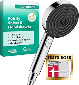 hansgrohe Pulsify Select S - wassersparender Duschkopf 6,9 l/min (EcoSmart), Handbrause mit 3 Strahlarten, 105 mm Duschbrause, Sparduschkopf mit Antikalk-Funktion, Chrom, 24111000