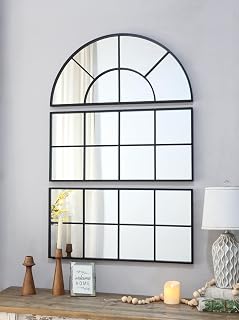 Large Wall Mirror Industrial Style: Black Metal Frame Three Section Design - Cathedral Window Inspired Arched Silhouette for Hotel Room Decor & Space Enhancement