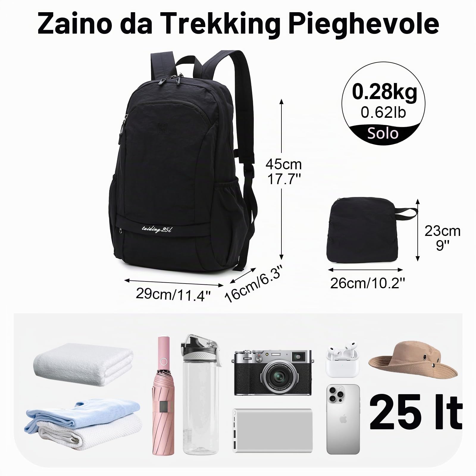 25L Zaini da Escursione Piccolo Uomo Donna, Zaino Sportivo Pieghevole con Tasca Bagnata Ultraleggero, Zainetto Trekking Viaggio Impermeabile per Nuoto Ampeggio, Nero
