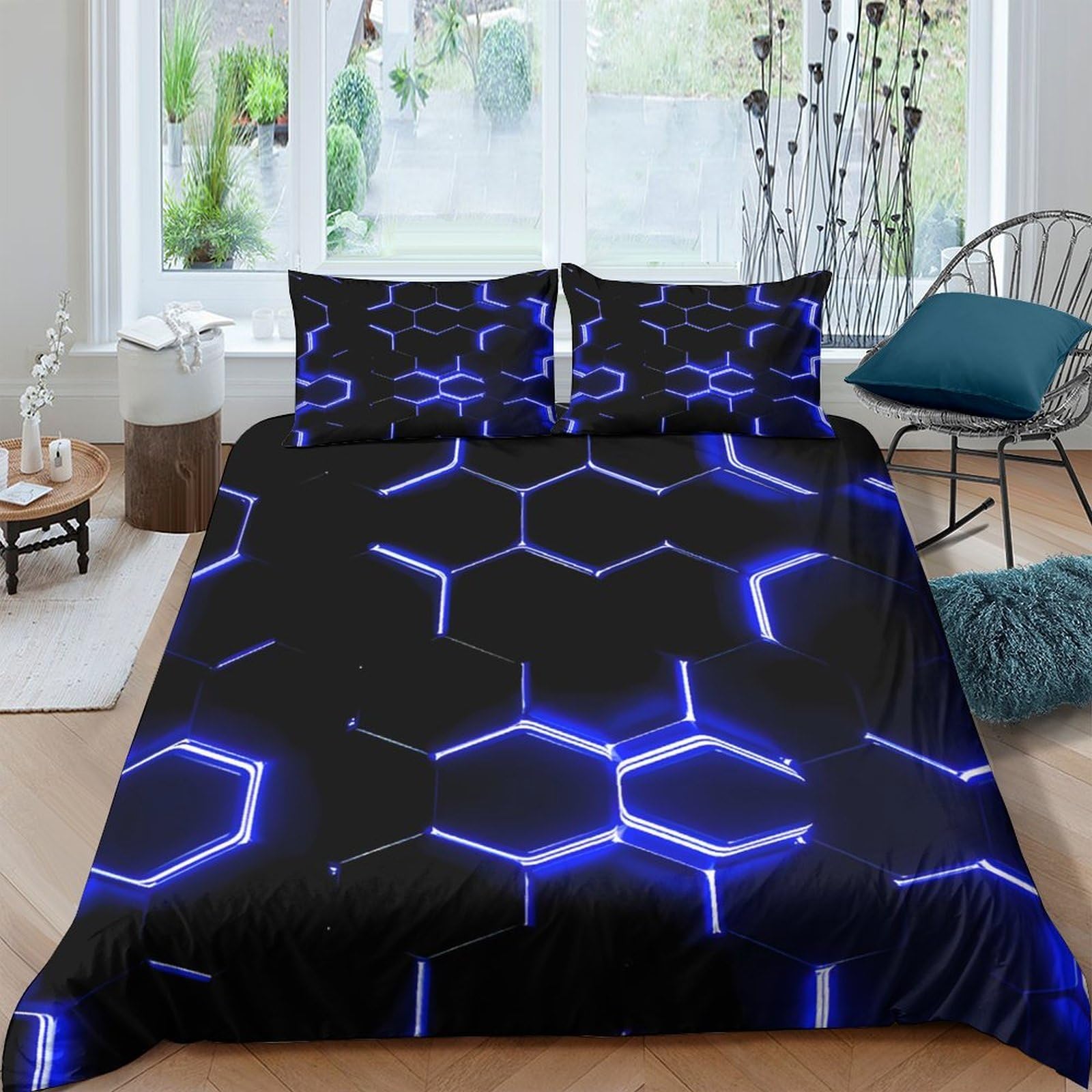 GPLZQXKJNH 3D Printed Neon Hexagon Duvet Cover Microfiber Soft Breathable Blue Geometric Quilt Cover Set with 2 Pillowcases for Bedroom Decor Single（135x200cm）