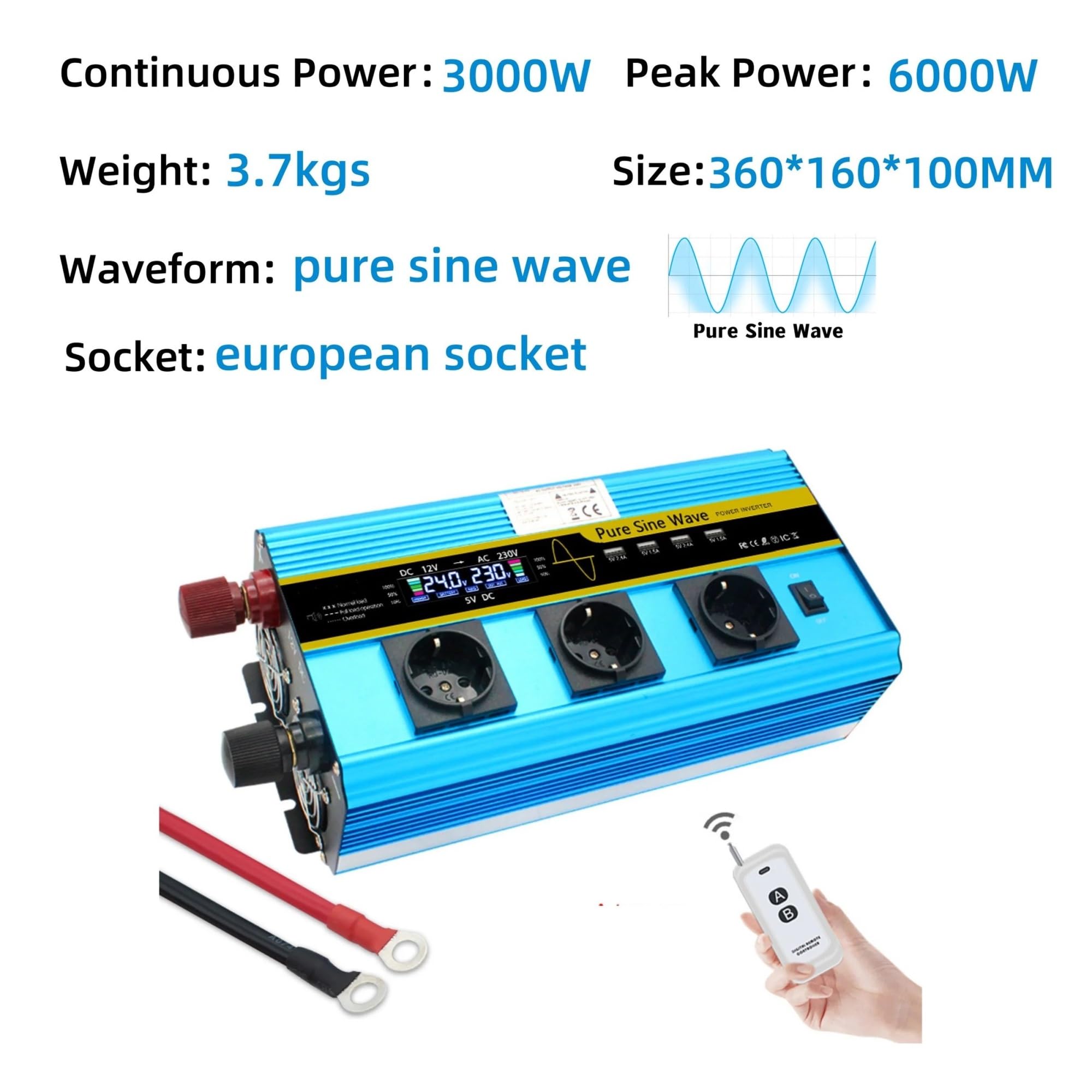 Convertidor Inversor Transformador Inversor De Onda Sinusoidal Pura 4000 W/6000 W/8000 W CC 12 V/24 V - CA 220 V/230 V Pantalla LCD Control Remoto Varios Enchufes UE(DC24V,220V 60Hz,6000W EU)