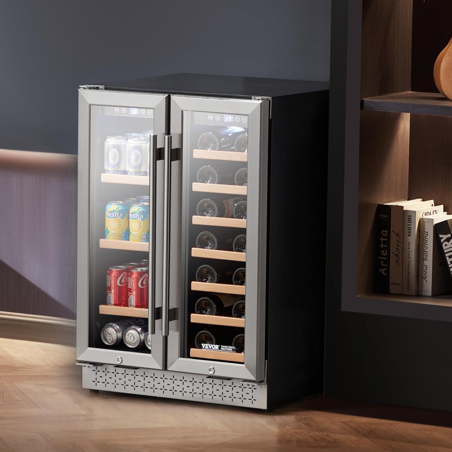 VEVOR Wine and Beverage Refrigerator, 24 in Dual Zone Wine Cooler, Built-in & Freestanding Fridge with Glass Doors, Adjustable Shelves, Digital Temperature Control, 64 Cans and 20 Bottles Capacity