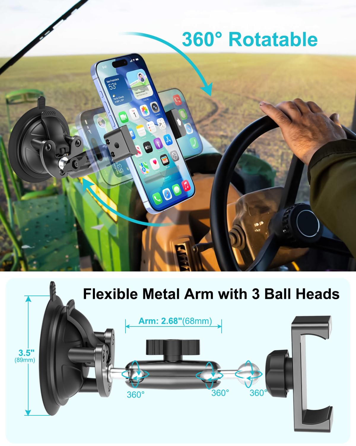 Supporto Telefono Trattore, Porta Cellulare Ventosa Trattore Agricolo [Potente Ventosa], Rotazione a 360° Porta Telefono Trattores per iPhone 17 16 15 14 Pro Max 13 12, Galaxy, 4-7" Smartphone