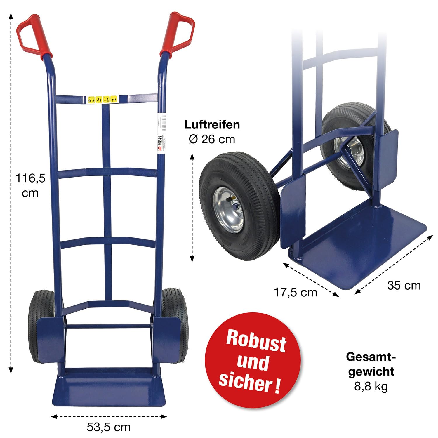 HBH Sackkarre 200kg Luftreifen TK200LU01 Transportkarre, blau, hochwertiges Luftrad Stahlfelge, kugelgelagert robuster Stahlrohrrahmen, Sicherheitsgriffe, ideal für Haus, Garten, Werkstatt & Umzug