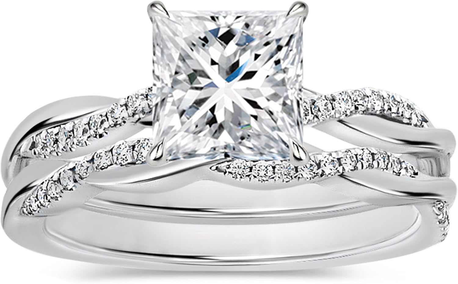 Princess & Round Lab Grown White Diamond or Cubic Zirconia Solitaire Swirl Engagement Ring Set for Women in 925 Sterling Silver