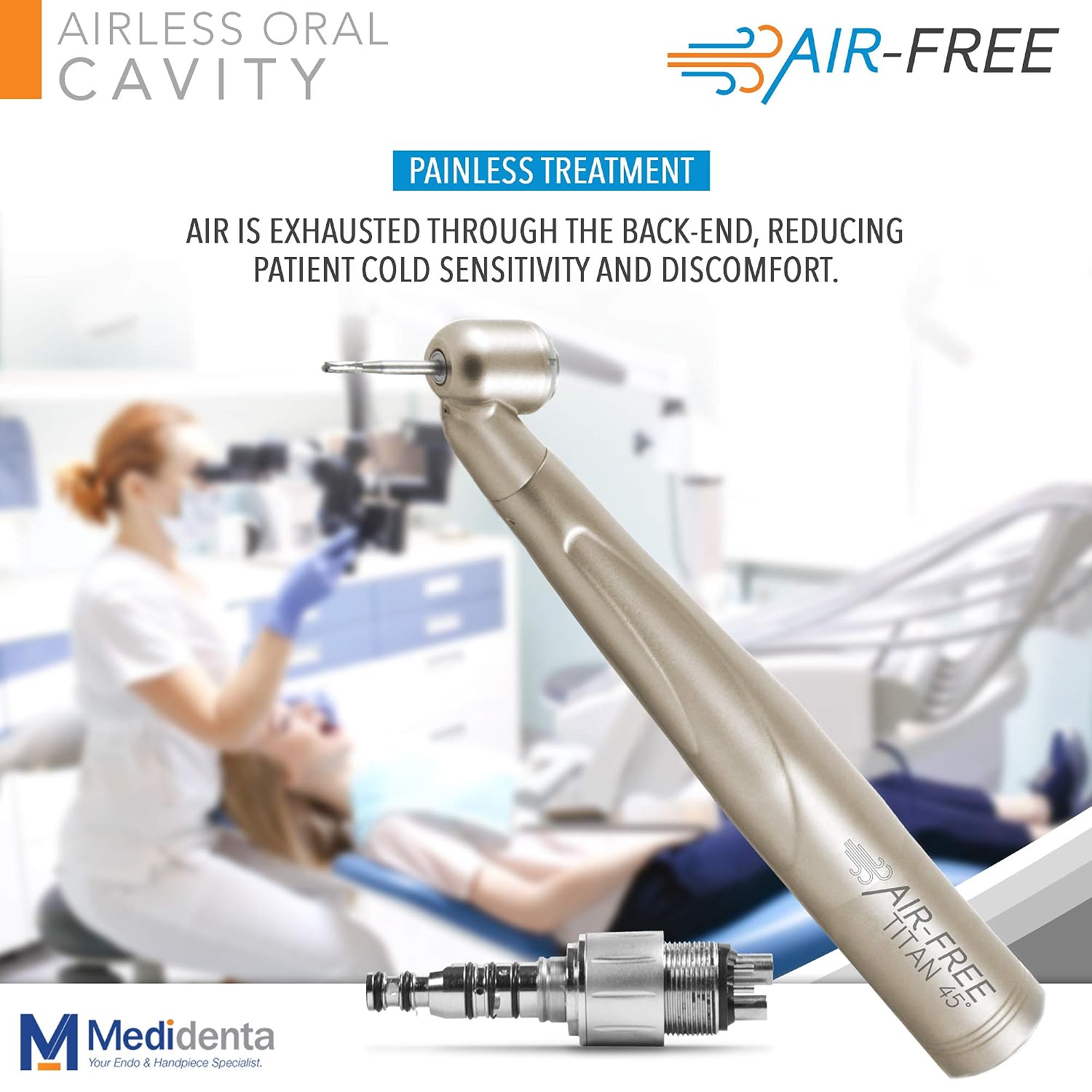 Medidenta - AFT45 MEDIDENTA Air Free 45 Titan Surgical – High-Speed Dental Handpiece for Air-Free Debonding to Reduce Cold Sensitivity and Discomfort, 22Watts of Consistent Cutting Power + Coupler
