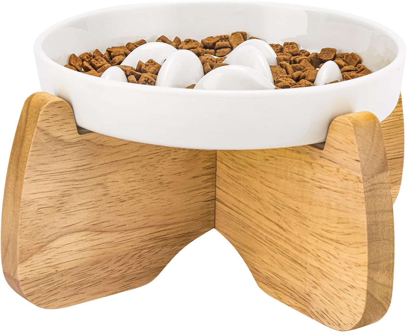 Slow Feeder Cat Bowl Raised with Stand, 16 cm Wide Elevated Ceramic Shallow Slow Eating Pet Bowl for Dry/Wet Food, Anti-Vomiting Cat Puzzle Feeder, Whisker Friendly, Dishwasher Safe (White)