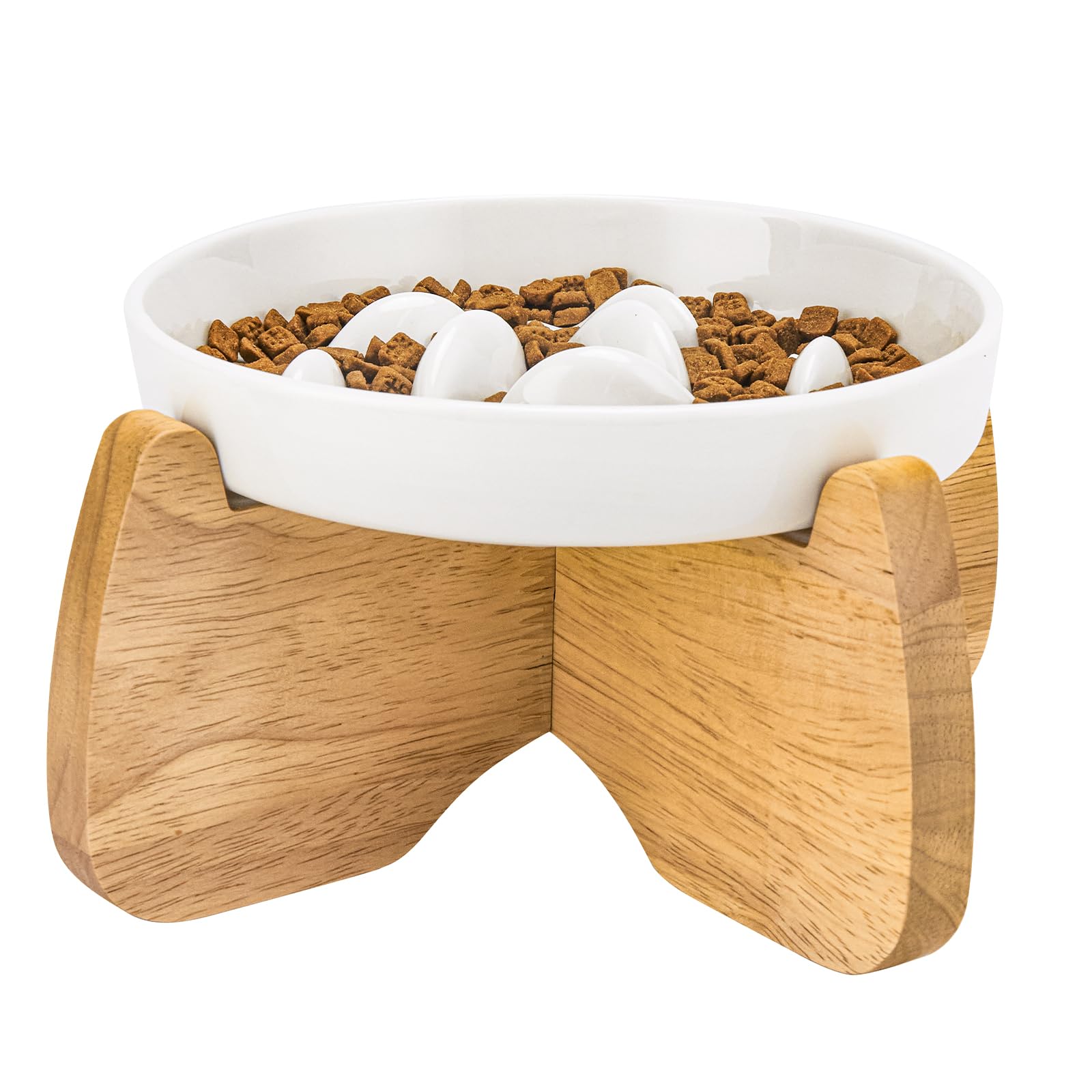 GUWINA Raised Slow Feeder Cat Bowl with Stand, 6.3'' Wide Ceramic Elevated Shallow Slow Eating Cat Bowl for Dry/Wet Food, Anti-Vomiting Pet Puzzle Feeder, Whisker Friendly, Dishwasher Safe (White)