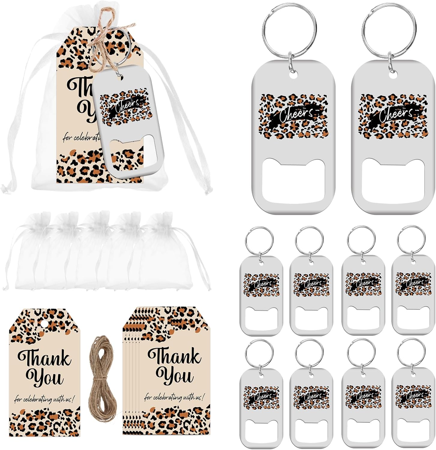 72PCS Leopard Bottle Opener Party Favors Cheetah Print Thank You Tags Organza Bags Leopard Party Favors for Jungle Safari Animal Birthday Baby Shower Bachelorette Party Decors