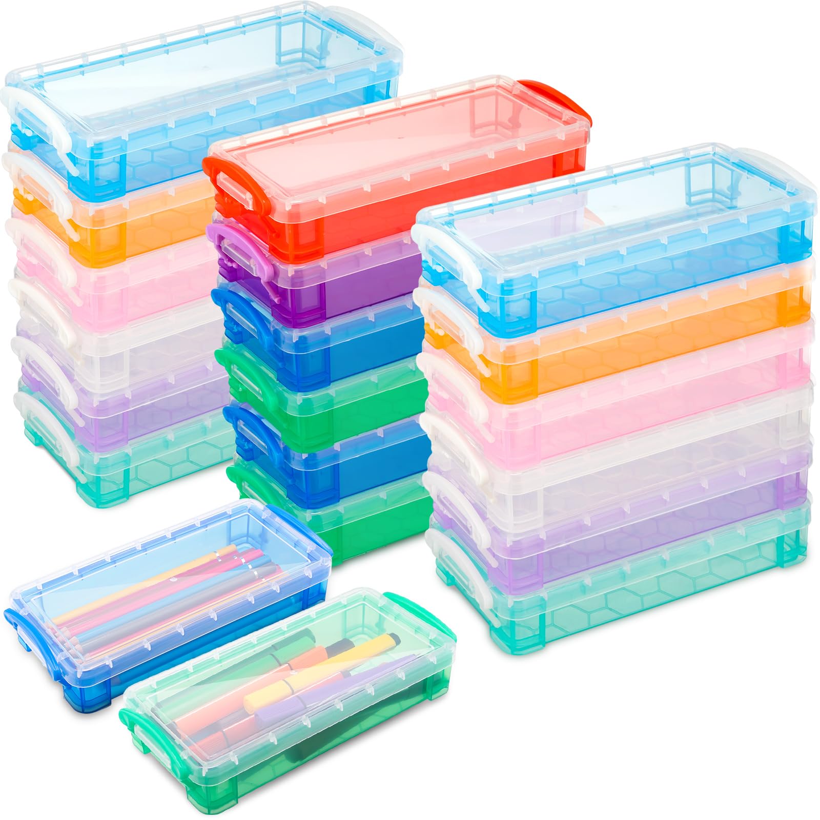 Gueevin 24 Pcs Large Capacity Plastic Pencil Box Clear Plastic Pencil Case Crayon Box with Snap Tight Lid Watercolor Pen Storage Brush Organizer