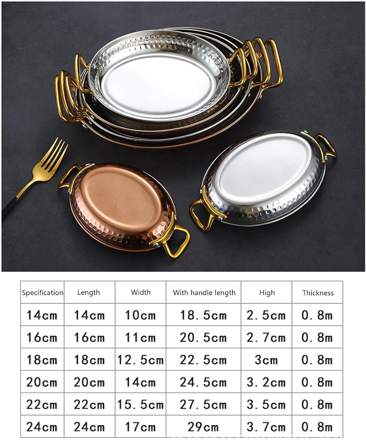 RSBFER Oval Spanish Paella Pan Skillet, 304 Stainless Steel Nonstick Seafood Paella Pot with Dual Handle, for Homes Restaurants,Rose Gold,24cm