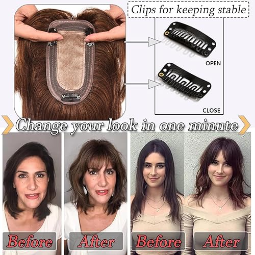 Miniatura 4 de Toppers para el cabello para mujeres con cabello delgado, base de seda real con flequillo, toppers para mujer, con clip en el cabello para mujer,