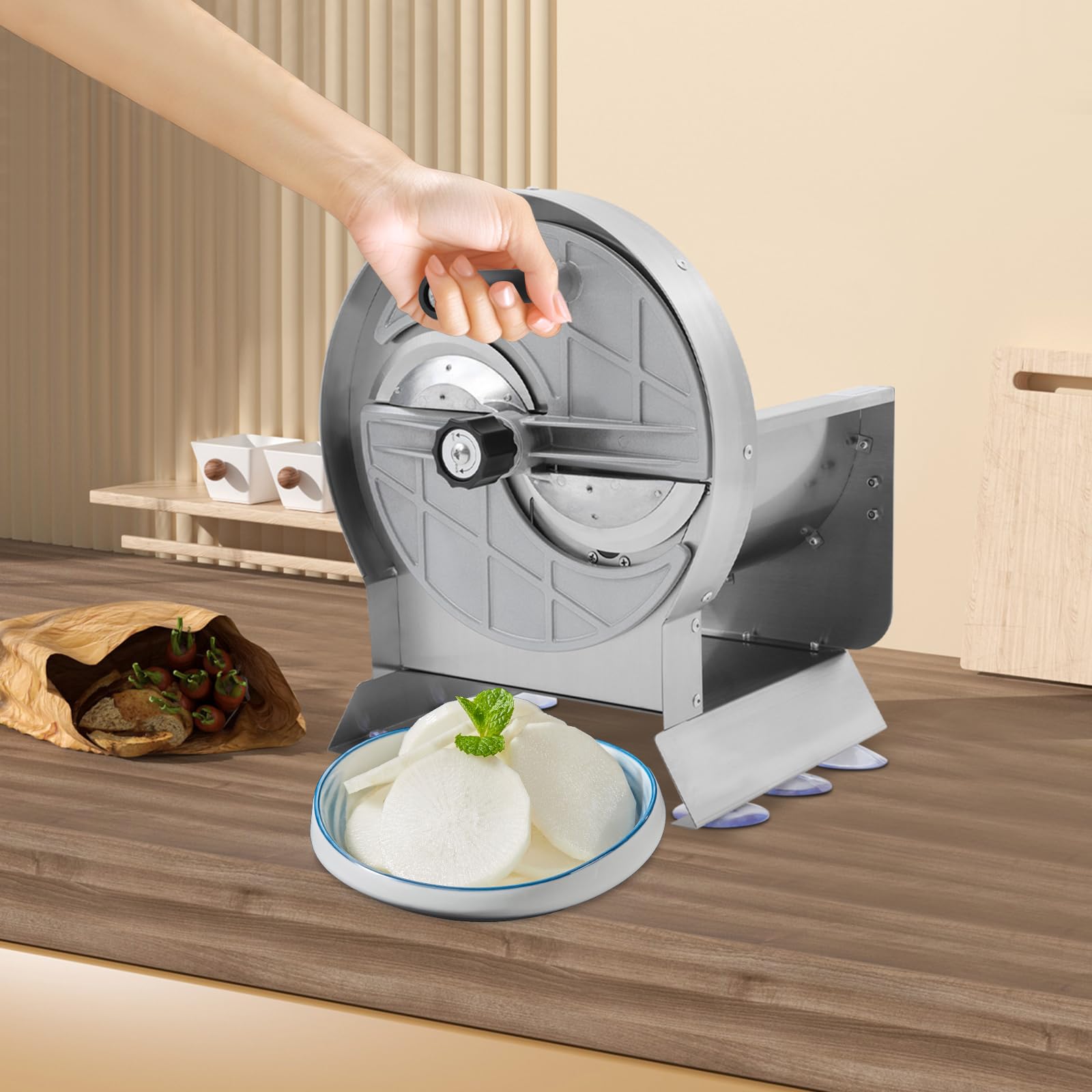 Gemüseschneidemaschine Tischgerät, Manuell Edelstahl-Schneidegerät mit 6 Saugnäpfen Ø 1-10 mm, Schnittdicke Einstellbarer Hobel, Gemüseschneider Gemüse-Cutter für Gastronomie